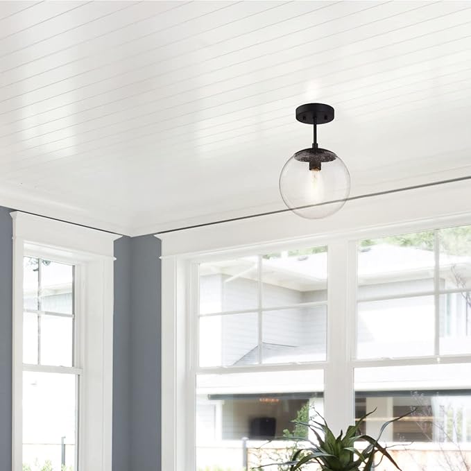 Design House 588517 Gracelyn Modern Indoor Dimmable Semi-Flush Ceiling Light with Clear Seedy Glass Globe Shade for Kitchen Hallway Bedroom, Matte Black