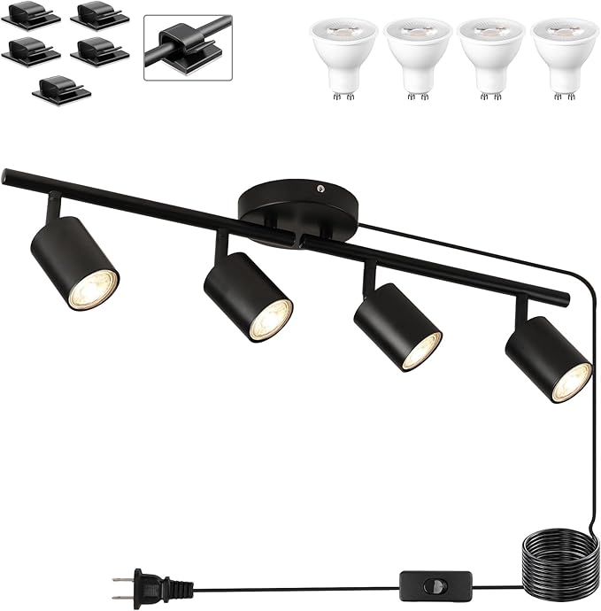 Plug in Track Lighting Kit, 80cm LED 4 Light Kitchen Track Lighting, Corded Wall Light with 16.4ft Cord, 4 Way Ceiling Spot Lighting Flexibly Rotatable Head Includes 4 x GU10 Bulb (4-Black-80cm)