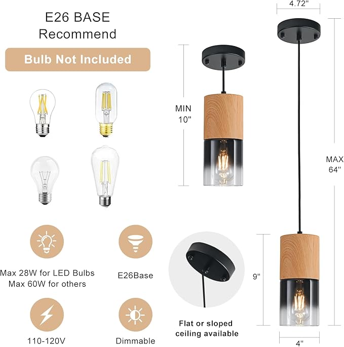 2-Pack Modern Pendant Lights for Kitchen Island, Adjustable Black Pendant Light Fixtures with Raw Wood Grain, Industrial Glass Pendant Lights for Dining Table Hallway Bedroom Living Room