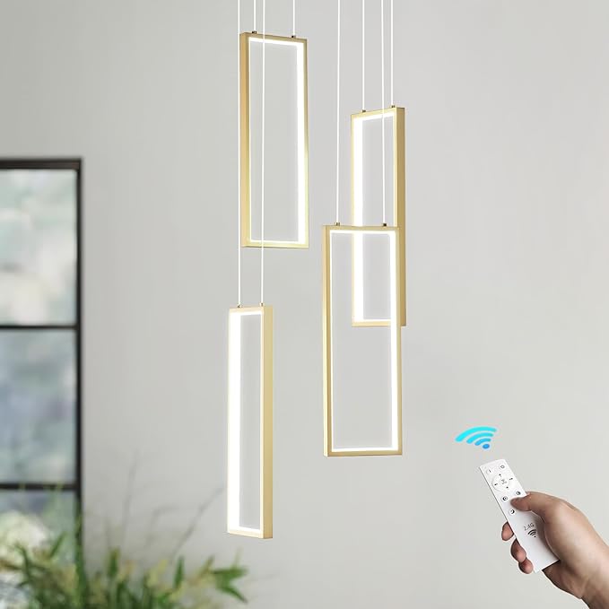 Modern Kitchen Island Dimmable Pendant Light Fixture Gold 54W LED Pendant Lights 4 Rings Rectangular Chandelier Staircase Large Chandelier Lobby Living Room Foyer High Ceiling Chandeliers