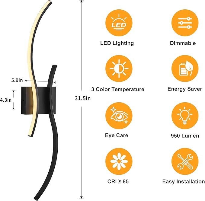 KARTOOSH 1 Pack Black Light Fixture Hardwired Bathroom Vanity Lights Fixtures Over Mirror 31.5 Inch 3CCT Dimmable Modern Wall Lights for Mirror Kitchen Living Room Cabinet Porch Hallway