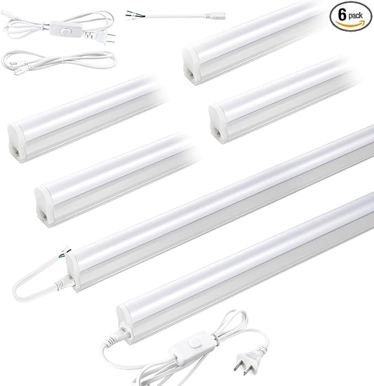 Pak 4FT LED Shop Lights, 2300LM 6500K Cool White, 20W Energy-Saving Super Bright Linkable T5 Ceiling and Under Cabinet Lighting Fixture for Garage, Workshop, Basement, Warehouse, FCC Certified, 6 Pack