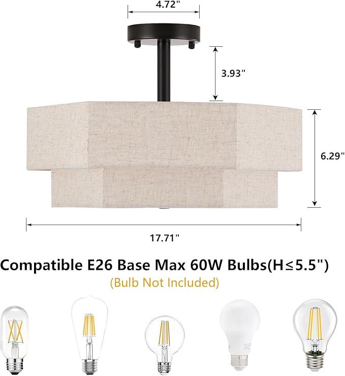 SGLfarmty 17.7" Drum Flush Mount Ceiling Light, 3-Light Large Drum Black Cream Ceiling Light with 2-Tier Hexagon Fabric Linen, Farmhouse Chandelier for Bedroom