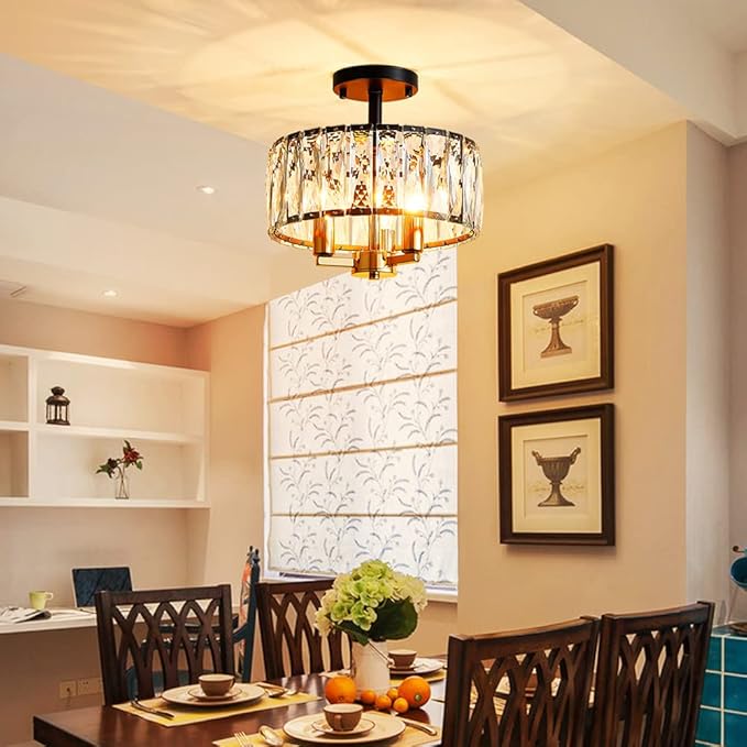 AGV LIGHTING CL003BB K9 Crystal Ceiling Light Fixture, Modern Semi Flush Ceiling Lights, Perfect for Living Room, Bedroom, Dining Room, D13 x H15, 3-Light Shine Gold & Matte Black Finish
