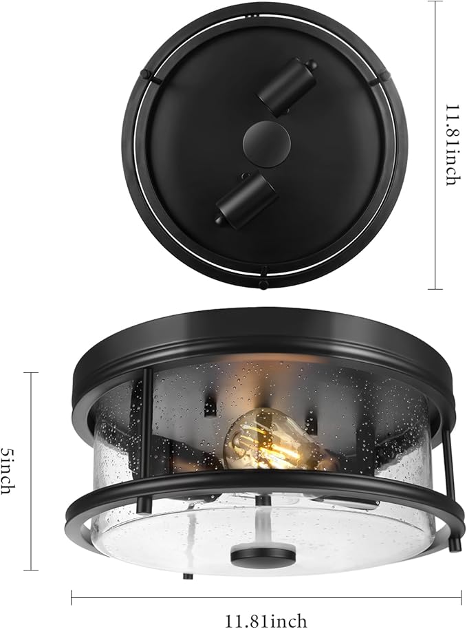 Farmhouse Flush Mount Ceiling Light Fixture, 12 Inch Rustic Close to Ceiling Light Fixtures Metal Cage Lighting with Seeded Glass for Home Kitchen Bedroom Dining Room Entryway Hallway