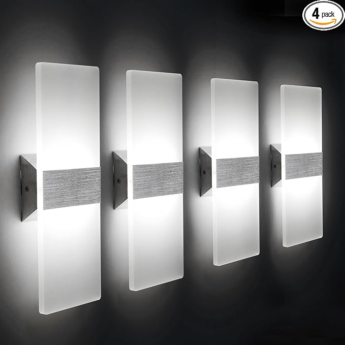 ChangM Modern Wall Sconce 12W, Set of 4 LED Wall Lamp Cool White Acrylic Material Hardwired Wall Mounted Wall Lights