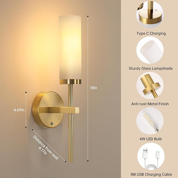 Shenmoyl Battery Operated Wall Sconces Set of 2, Gold Rechargeable Wall Lighting Fixtures, Dimmable Wall Lights with Remote & Opal Glass Shade for Living Room, Bathroom,Bedroom