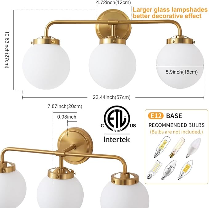 Gold Bathroom Vanity Light Fixtures Over Mirror, Modern Brass 3 Lights Wall Sconce with Milky Glass Ball Shade, Mid Century Farmhouse Vanity Lighting