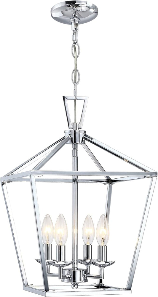 Untrammelife 4-Light Lantern Pendant Light Chrome Modern Hanging Pendant Light Fixtures with Adjustable Chain Metal Cage Dimmable Geometric Chandelier for Kitchen Island Foyer Hallway, 12Inch