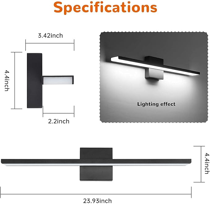 JUSHENG Black Bathroom Vanity Light Fixtures 24 Inch Modern LED Vanity Lighting Bathroom Lights Over Mirror Wall Sconce 24W 6000K Cool White