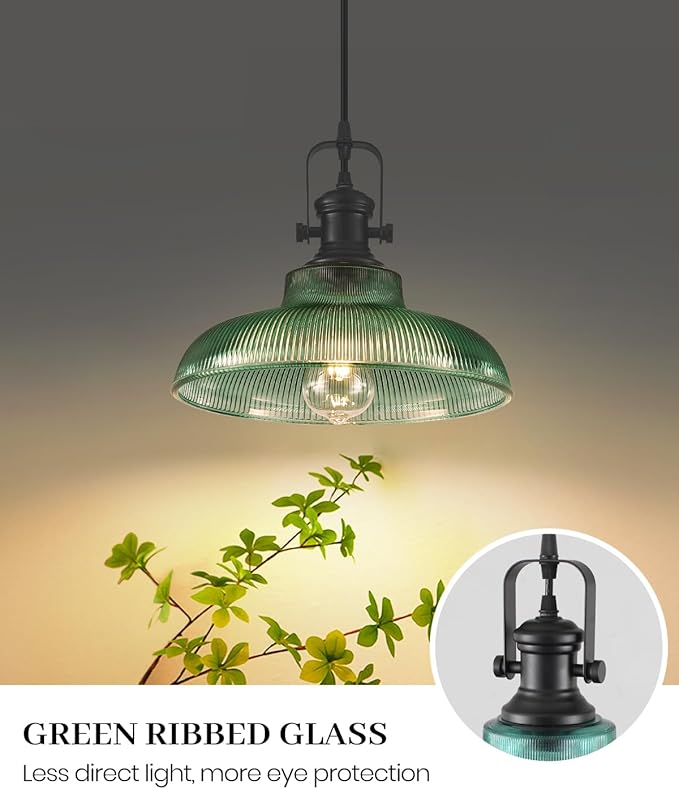 Green Glass Pendant Lights Kitchen Island, 12in, Ribbed Glass Kitchen Pendant Lights Fixture, Farmhouse Pendant Lighting for Dining Room Bedroom Bar Sink, 2 Pack