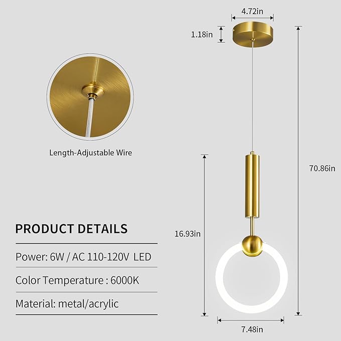 Modern LED Pendant Light Fixtures, Simplicity Gold Pendant Lighting,Circular Hanging Chandelier for Kitchen Island Dining Room Bedroom Entryway Hallway(Gold-2-Pack)