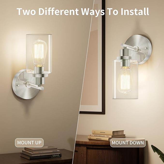 BUTHY Brushed Nickel Wall Light: LED Wall Sconces Indoor, Modern Sconces Wall Lighting with E26 Base and Clear Glass Shade, Wall Light Fixtures for Bedroom, Hallway, Mirror, Living Room