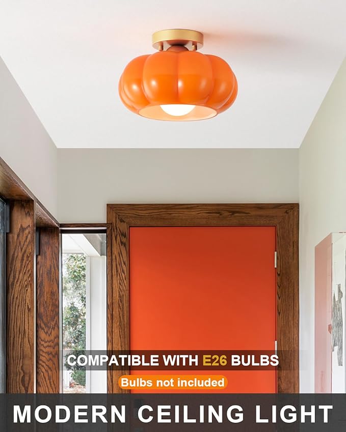 Vintage Semi Flush Mount Ceiling Light,Mid Century Modern Ceiling Light Fixtures,10 Inch Orange Glass Shade with a Gold Base,for Bedroom, Kitchen, Hallway, Entryway, and Balconie
