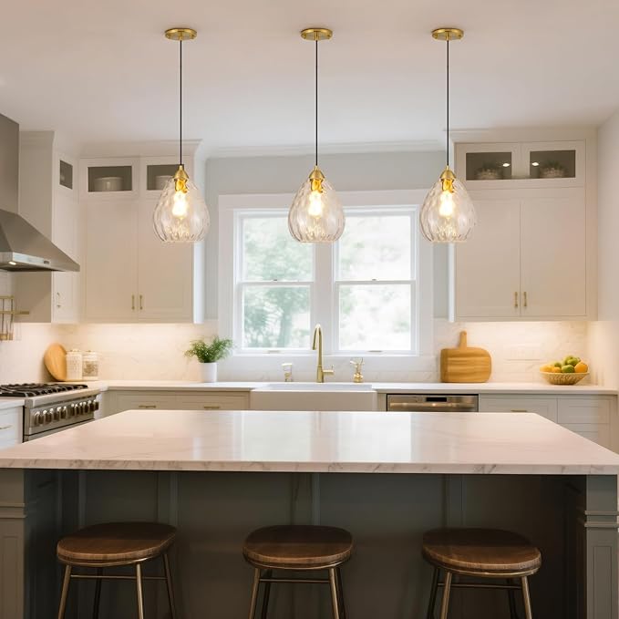 8''Small Pendant Light Fixtures,1-Light Modern Pendant Lights with Clear Hammered Glass Shade,Gold Adjustable Hanging Pendant Lighting for Kitchen Island Dining Room Bedroom(1 Pack)