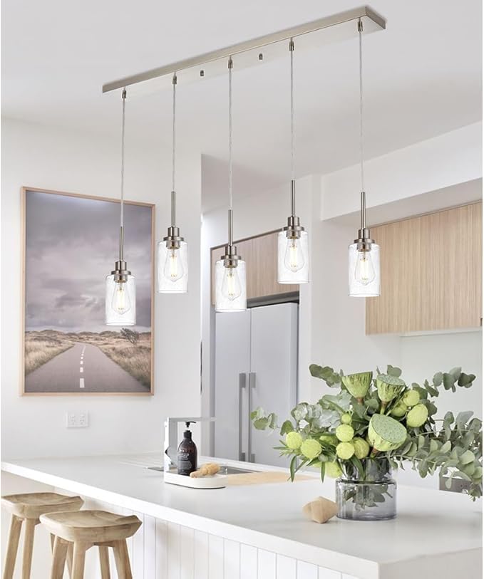TODOLUZ 5-Light Farmhouse Chandelier, Adjustable Height Pendant Light Fixtures in Brushed Nickel, Dining Room Hanging Ceiling Lighting with Seeded Glass Shade
