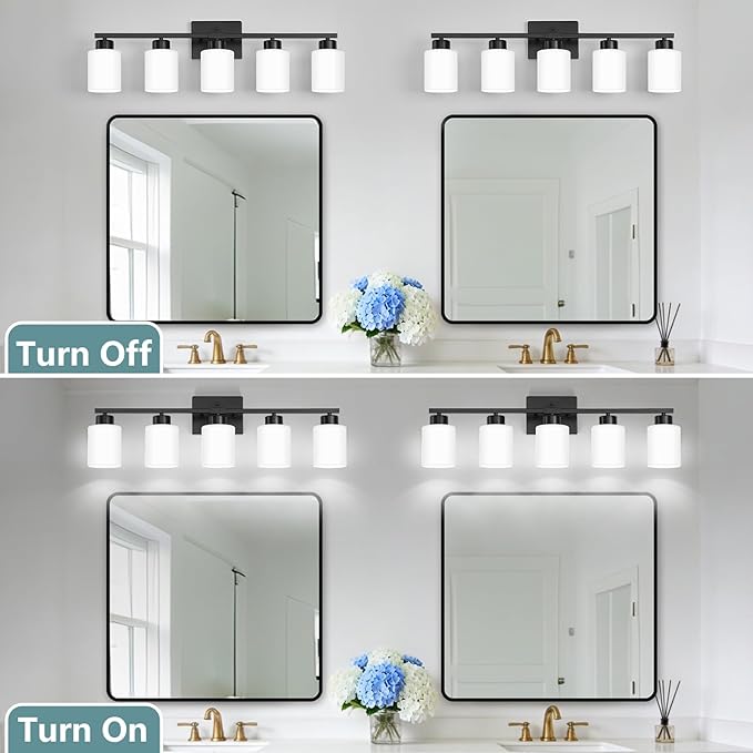 Black Bathroom Light Fixtures, 5-Light Modern Vanity Lights with Milky White Frosted Glass Shades, Wall Sconces for Mirror, Bathroom, Restroom (E26 Socket)