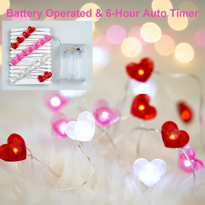 BOHON Valentine Day Decorations 13 ft 40 LEDs Red White Pink Lights String | Heart Fairy String Lights Battery Operated, Valentines Decor for The Home Galentines Day Indoor Garland Party with Timer
