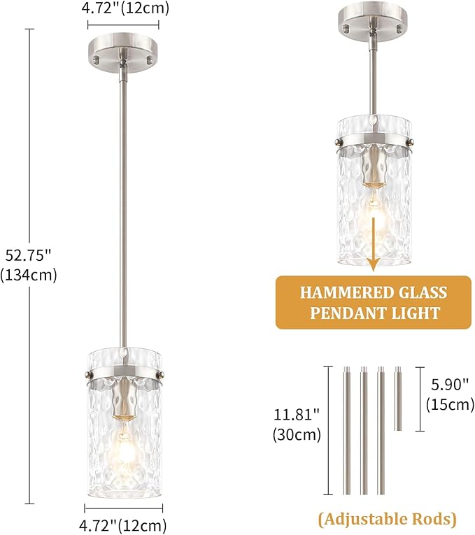 2 Pack Brushed Nickel Pendant Lighting for Kitchen Island, Modern Hand-Blown Glass Kitchen Hanging Light Fixtures Over Island Adjustable Mini Pendan Lights for Hallway Entryway Bathroom Dining Room