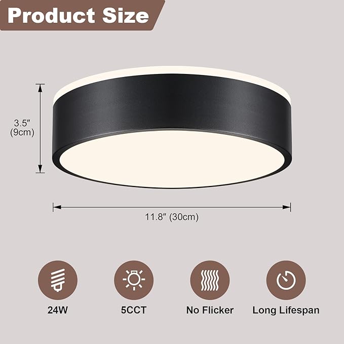 YURNYQ Dimmable Black LED Flush Mount Ceiling Lights, Modern 5CCT 2700K-6000K Close to Ceiling Light, Simple Round Kitchen Lighting Fixtures for Bedroom Hallway Entryway Laundry Room, 11.8 Inch