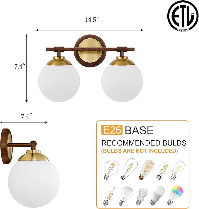 Rayogale Walnut Bathroom Light Fixtures, ETL 2 Lights Vanity Lights Over Mirror with Milk Glass Soft Lighting 15 Inch Bathroom Sconces(Exclude E26 Bulb)