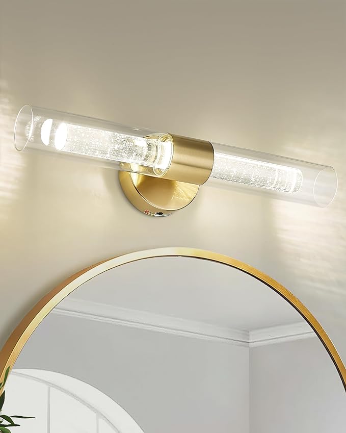 kudos Gold Bathroom Light Fixtures, Modern Sconces Wall Lighting with Crystal Bubble and Clear Glass, 3000K/4500K/6000K Adjustable, KDVL05-GD-2