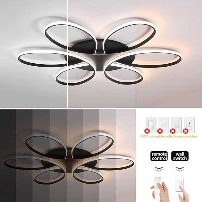 Modern LED Ceiling Light Fixture Black Flush Mount Ceiling Lamp with Remote Control Dimmable 6 Rings Flower Shaped Ideal for Living Room Bedroom Dining Room Kitchen(60CM/23.6IN)