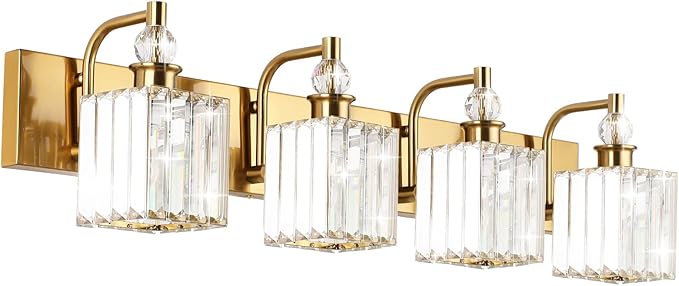 Ralbay Crystal Vanity Lights 4-Lights 31.5''Gold Bathroom Lighting Fixtures Over Mirror Modern Crystal Gold Bathroom Vanity Lights
