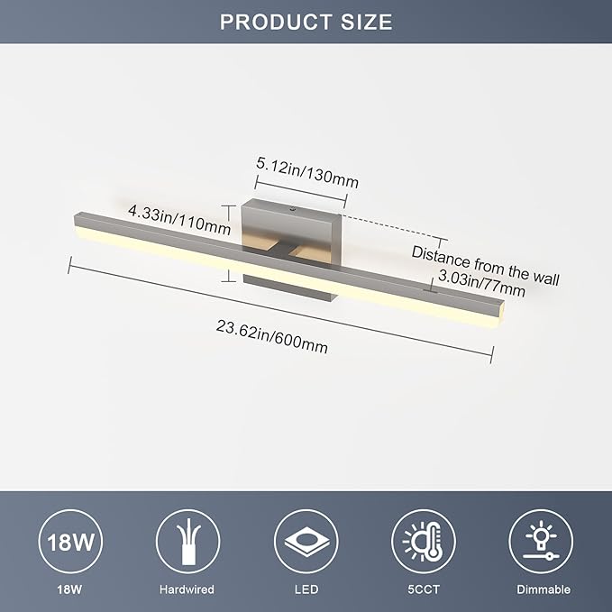 LED Modern Bathroom Light Fixtures 18W Brushed Nickel Vanity Lights Bar 5CCT Dimmable ixture Over Mirror Vanity Light for Bathroom Lighting 24 inch ETL Certificated