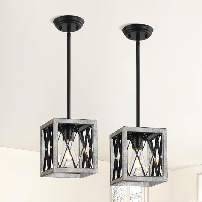 KEESFU Farmhouse Pendant Light with Metal Cage,1 Light Pendant Lighting for Kitchen Island,39 Inch Adjustable Rods for Flat and Slop Ceiling,Kitchen Island Hallway Foyer(2pack