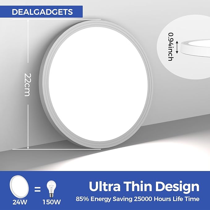 Flush Mount Ceiling Light Fixtures,24W Flat led Light for Ceiling,6000K 2200LM Ultra Thin Round White Lamp for Bedroom Kitchen,Bathroom,Garage,Living Room, Dining Room -2PCS