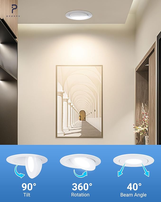 POPANU Recessed Lighting 4 inch Gimbal 9W 5CCT Swivel Ceiling Eyeball Spotlight 4inch Dimmable Recessed Lights, Soffit Indoor Directional Lighting, 90° Tilt and 360° Rotation White 2 Pack