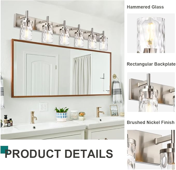 Bathroom Vanity Lighting Fixtures 6 Lights,Brushed Nickel Bathroom Vanity Lights with Clear Hammered Shade Wall Sconce Lighting Modern Farmhouse Bath Lighting