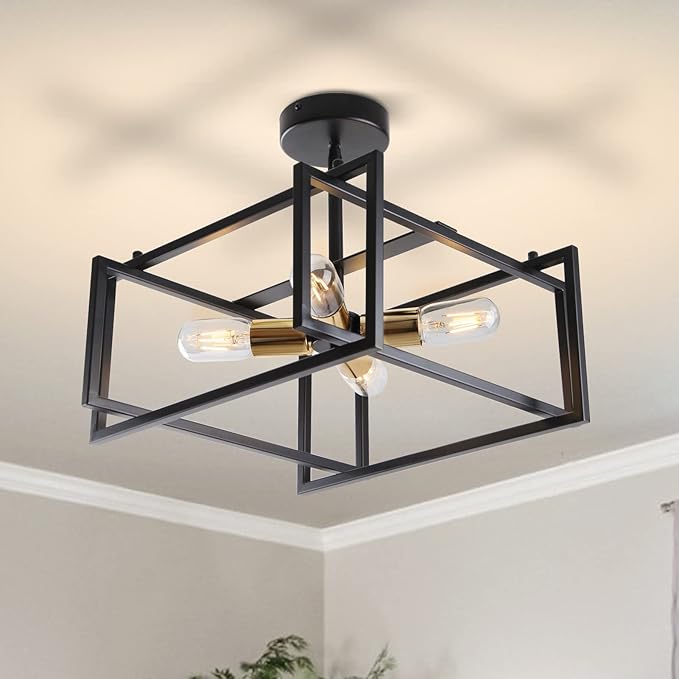 HuisMier Industrial Semi Flush Mount Ceiling Light, 4-Light Farmhouse Ceiling Lights Fixture, Black and Gold Metal Close to Ceiling Lighting Fixtures for Dining Room Bedroom Kitchen Island Foyer