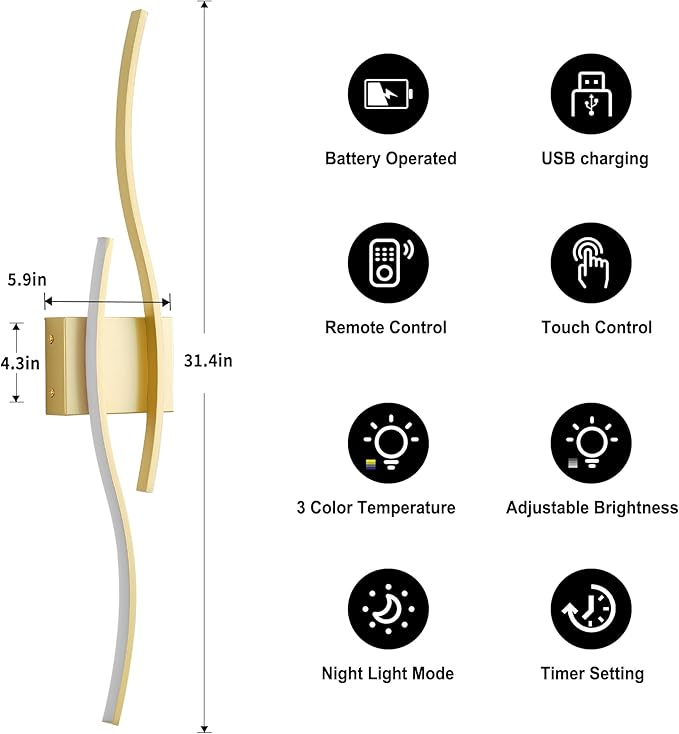 KARTOOSH Battery Operated Wall Sconces Set of Two with Remote Control, Dimmable/3 Colors/Night-Light/Timer/Memory, Gold Modern Wireless LED Sconce for Living Room, Hallway, Bedroom, 31.4 Inch (2 Pack)