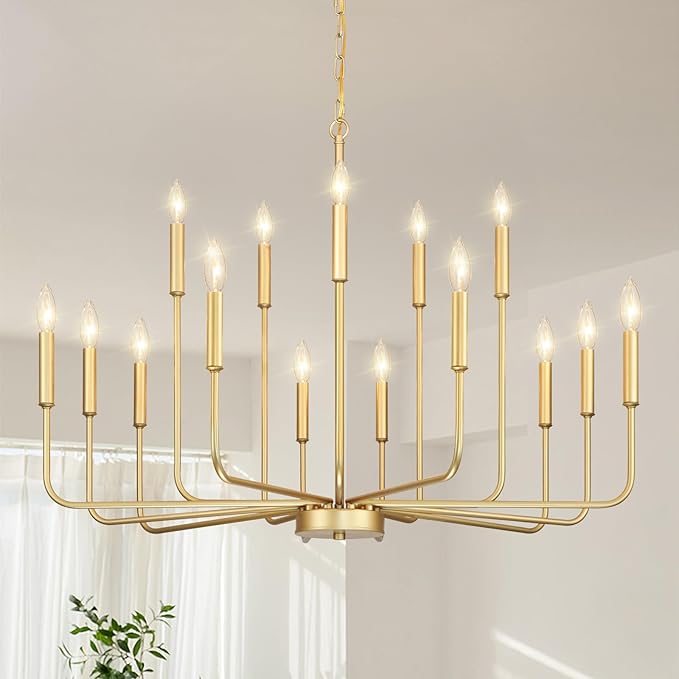 Gold Chandeliers for Dining Room Light Fixture Over Table, Modern Farmhouse Chandeliers for Living Room,15-Lights Industrial Metal Candle Lighting Fixtures for Entryway Kitchen Island Foyer