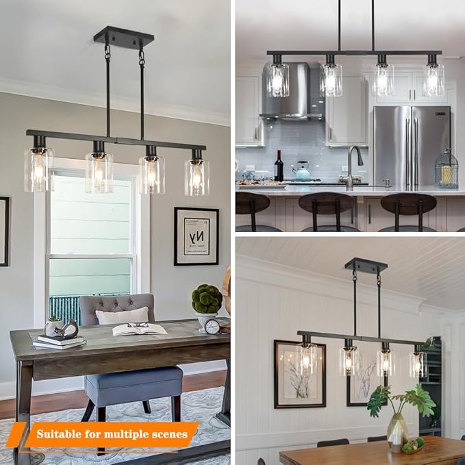 4-Light Kitchen Island Lighting, Black Simplicity Bar Island Lights for Kitchen, Farmhouse Chandelier with Adjustable Height & Clear Glass Shades, Linear Hanging Dining Room Light Fixture Over Table
