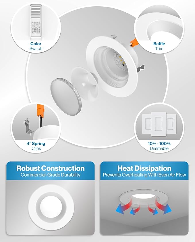 Sunco 30 Pack 4 Inch LED Recessed Lights, Retrofit Lighting LED Can Lights Downlight, 660LM, 2700K/3000K/3500K/4000K/5000K, Dimmable, Baffle Trim, 11W=60W, 50000 Lifetime Hours, Damp Rated UL