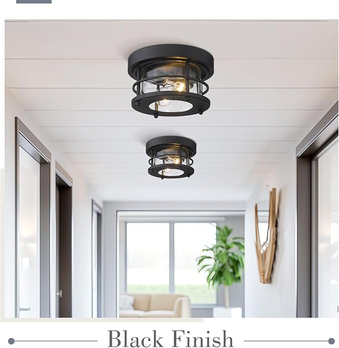 Emliviar 2-Light Round Ceiling Light Fixture, Farmhouse Flush Mount Ceiling Light 10 Inch, Black Finish, WE2085F BK
