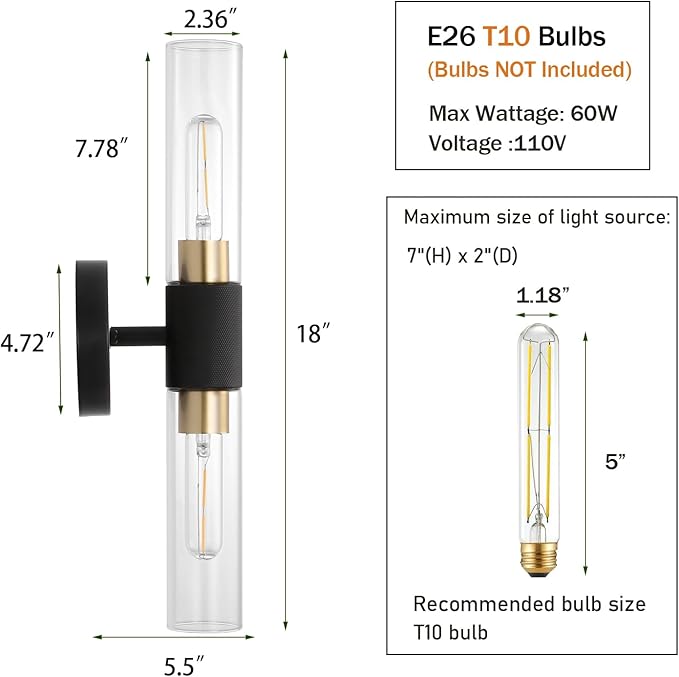 BYOLIIMA Modern Knurled Texture Wall Sconce Clear Glass Shade Modern Gold Black Bathroom Vanity Light Fixtures 2-Lights Mid Century Wall Light for Mirror Living Room Hallway E26 T10 Bulbs(Excluded)