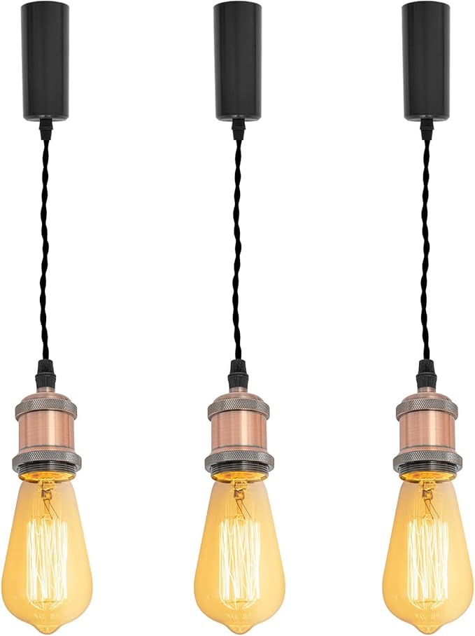 Kiven H-Type Track Light Pendants, 59 Inch Cord Length Black Weave Rope Adjustable Length, Decorative Pendant Light Industrial Pendant Lamp 3 Pack,Bulb Not Included（Copper Red）