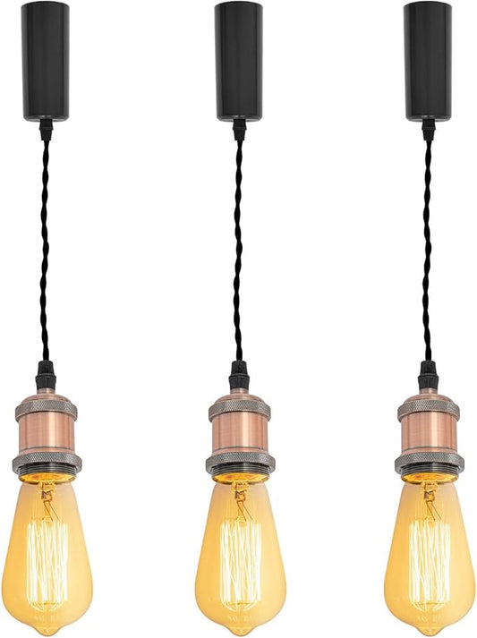 Kiven H-Type Track Light Pendants, 59 Inch Cord Length Black Weave Rope Adjustable Length, Decorative Pendant Light Industrial Pendant Lamp 3 Pack,Bulb Not Included（Copper Red）