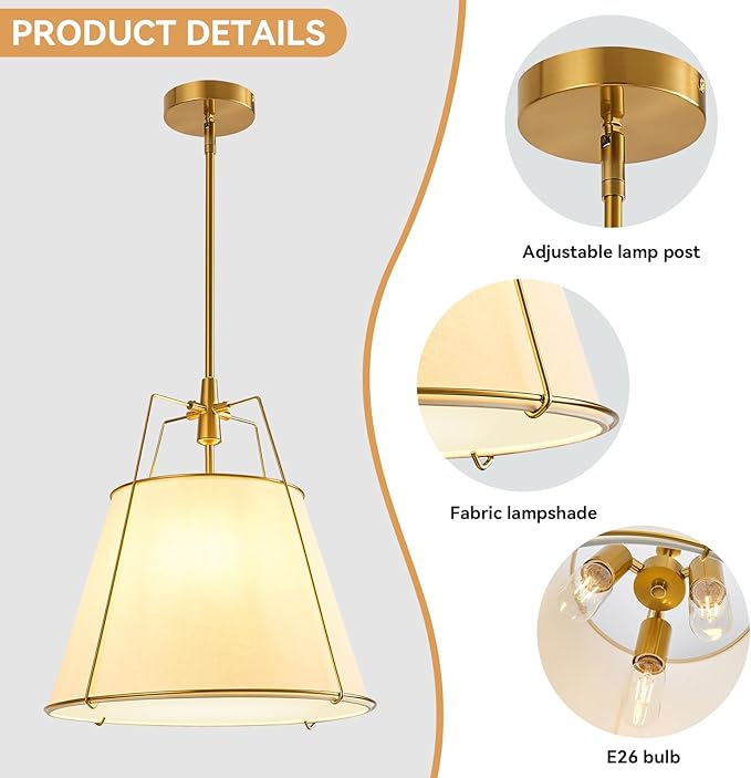 Modern Pendant Light Fixtures with 16" Off-White Linen Fabric Shade, Adjustable Hanging Light Fixture,3-Light Drum Gold Vintage Chandelier for Kitchen Island Bedroom Dining Room Foyer