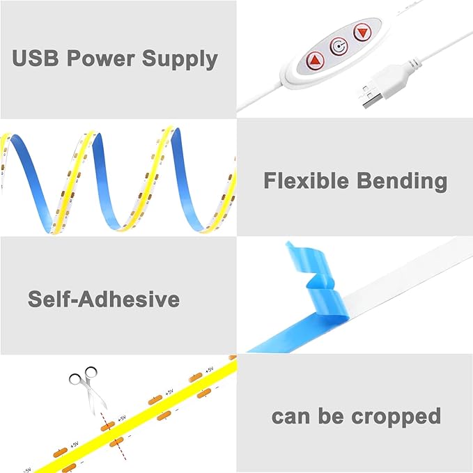 3.3FT COB LED Strip Lights，5V USB Powered LED Tape Lights 8mm Width with App Control，6000K Dimmable Cold White Flexible Light Strip TV Backlight for Bedroom Shelf Under Cabinet Kitchen DIY