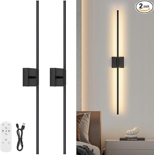 Wall Sconces Set of Two with Remote Control, 39.4 in Dimmable Black Battery Operated Wall Lights, 350° Ratation 3000K-6000K LED Wireless Rechargeable Sconce for Bathroom, Living Room, Bedroom