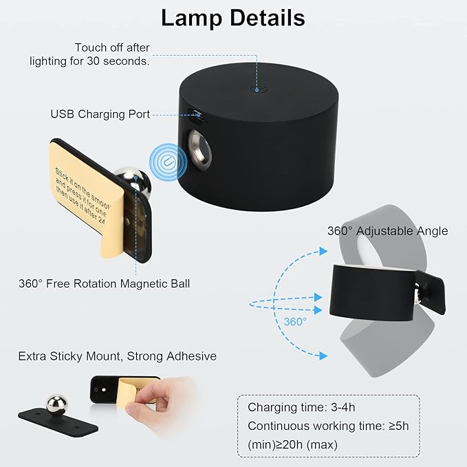 Lightess 2PC LED Wall Sconces, 19 Colors Dimmable Wall Mounted Lamp with 5000mAh Rechargeable Battery, 360°Rotate Magnetic Ball, Touch & Remote Control, Cordless Wall Light for Reading Bedside