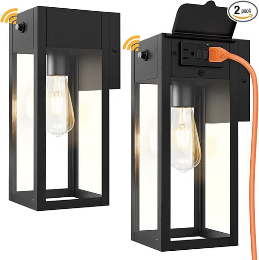 Dusk to Dawn Outdoor Light Fixtures Wall Mount, Outdoor Porch Lights with Outlet, Dusk to Dawn Outdoor Lighting for Doorway, Garage- Black