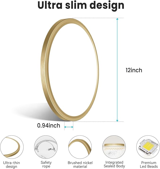 libtit 12 Inch LED Ceiling Light Golden, 28W 3200lm Aureate Flush Mount Ceiling Light, 3 Color Temperature 3000K/4500K/6000K, Gilded Round Flat Light Fixture for Kitchen Bathroom Shower