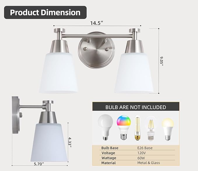 2-Light Bathroom Vanity Light, Brushed Nickel Finish with Milk Glass Shades, Over Mirror, for Bathroom Vanity