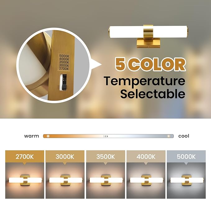 AIJIASI Gold Bathroom Light Fixtures - 16 Inch Modern Vanity Light 15W 5CCT Dimmable LED Bathroom Sconce with Acrylic Shade, Indoor Vanity Lighting Fixtures Over Mirror